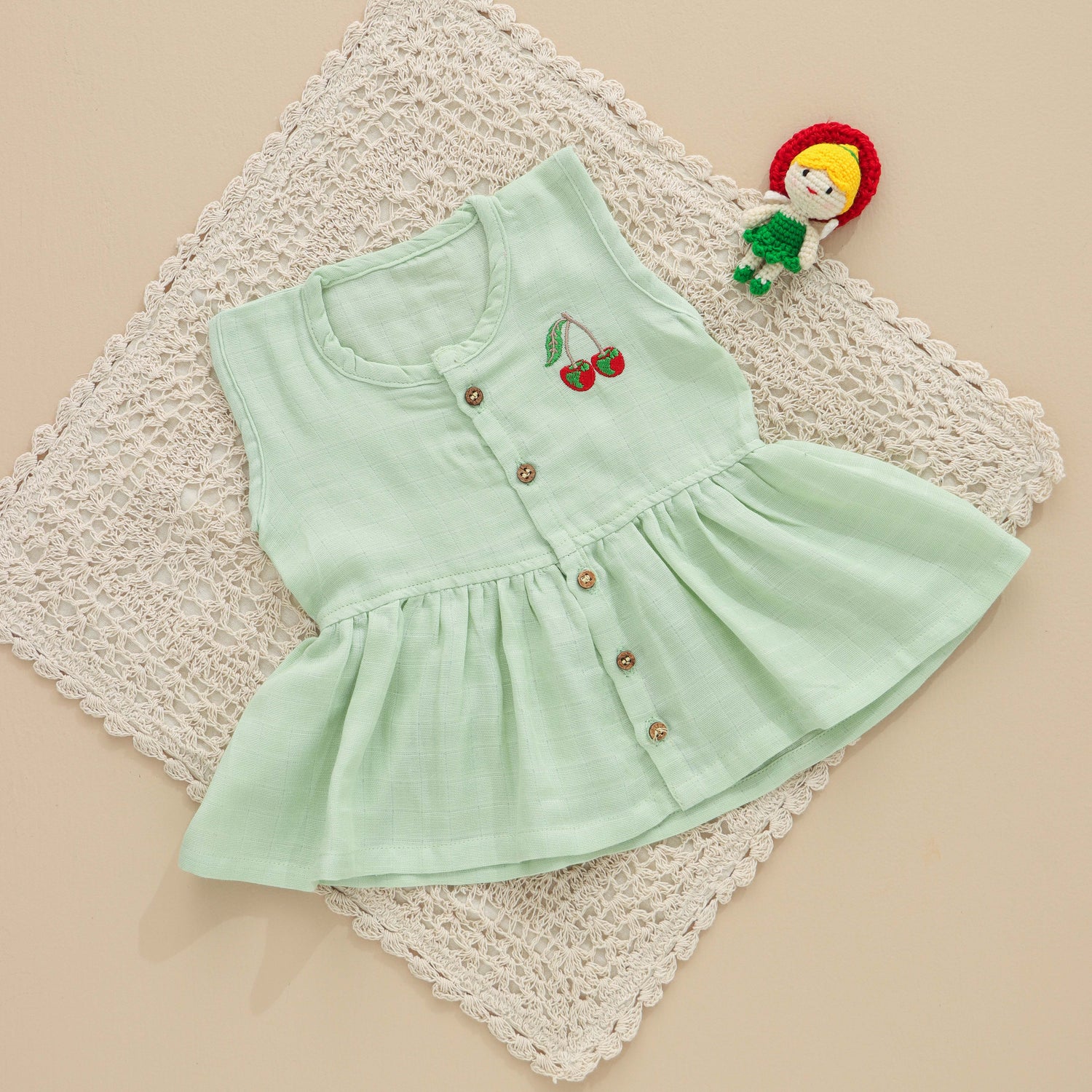 Green Muslin Baby Frock – Soft & Breathable with Wooden Buttons - SSEF04