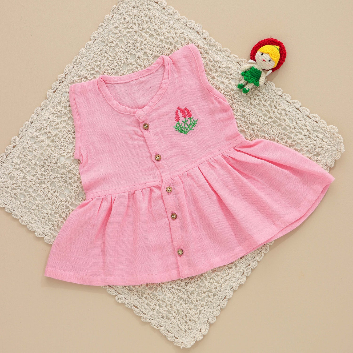 Pink Muslin Baby Frock – Soft & Breathable with Wooden Buttons - SSEF05