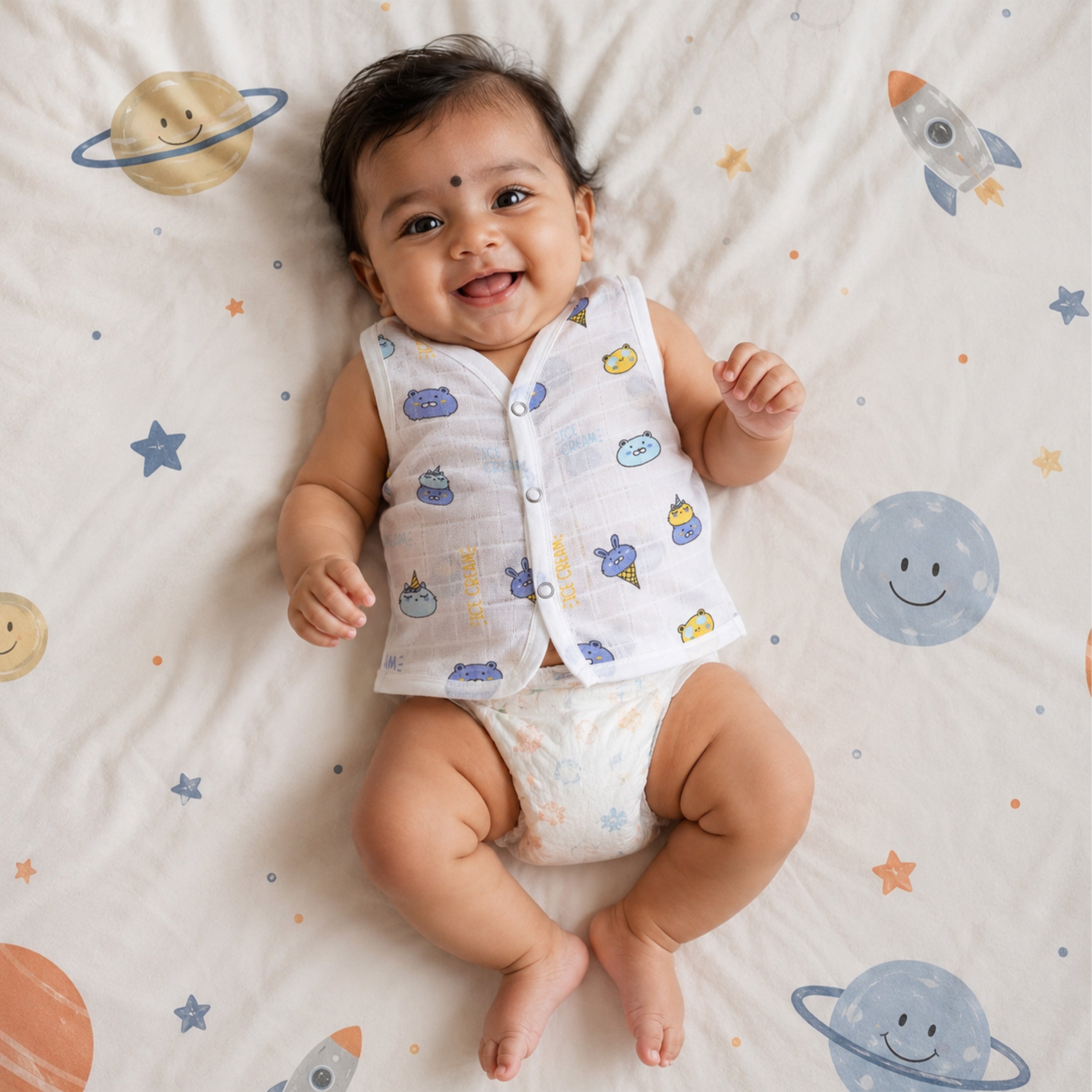 Baby wearing a soft, breathable printed sleeveless muslin Jabla by Boon Babies, suitable for ages 0–12 months.