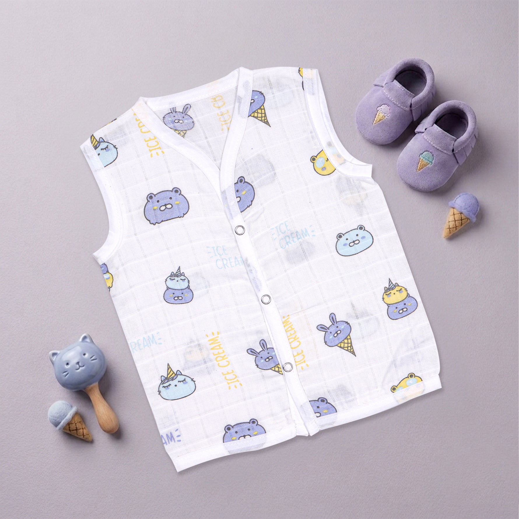 Soft breathable printed sleeveless muslin jabla for babies 0-12 months, comfortable newborn wear by Boon Babies.