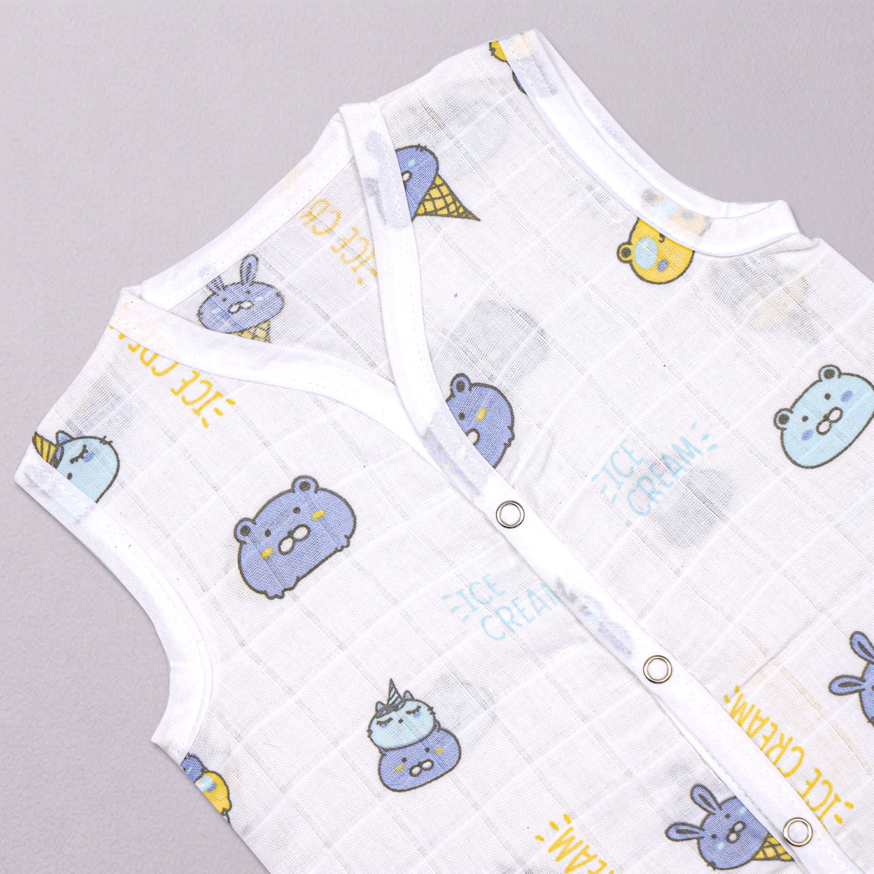 Soft, breathable printed sleeveless muslin jabla for babies 0-12 months by Boon Babies, featuring comfortable newborn wear.