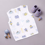 Soft, breathable printed muslin jabla for babies aged 0-12 months by Boon Babies, featuring a comfortable sleeveless design.