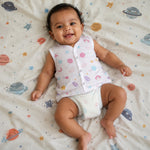 Soft, breathable printed sleeveless muslin jabla for babies 0-12 months, made by Boon Babies, perfect for newborn wear.