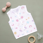 Soft, breathable printed sleeveless muslin jabla for babies 0–12 months by Boon Babies, featuring comfortable newborn wear.