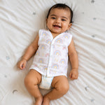 Soft, breathable printed sleeveless muslin jabla for babies 0-12 months, lightweight and comfortable newborn wear by Boon Babies.