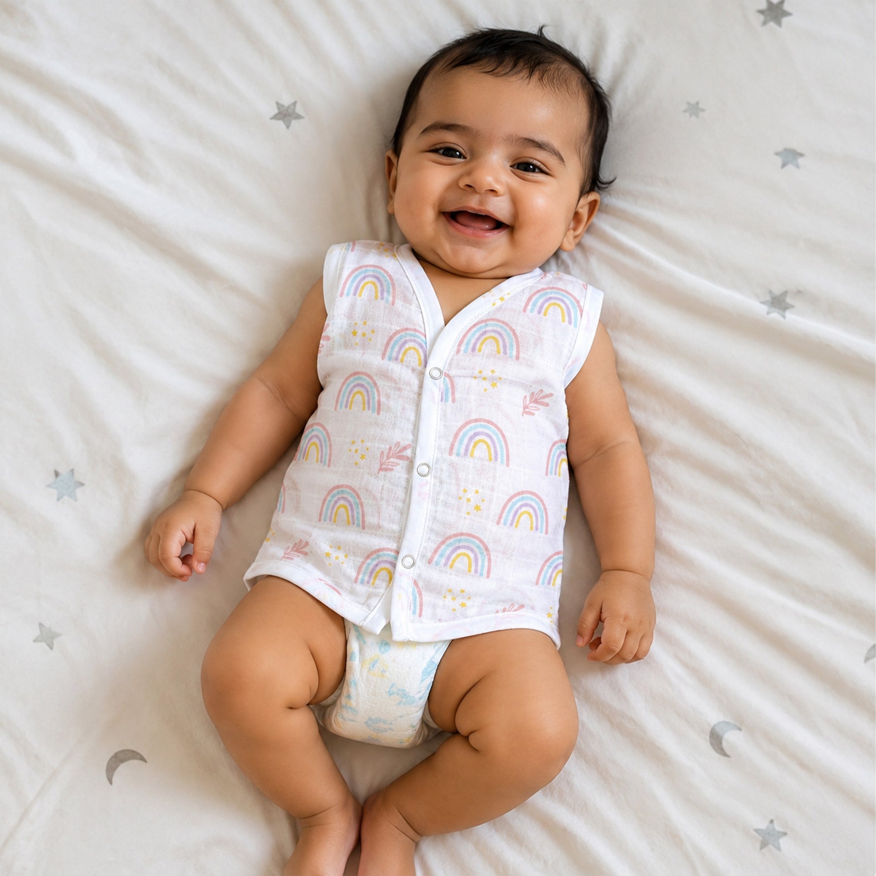 Soft, breathable printed sleeveless muslin jabla for babies 0-12 months, lightweight and comfortable newborn wear by Boon Babies.