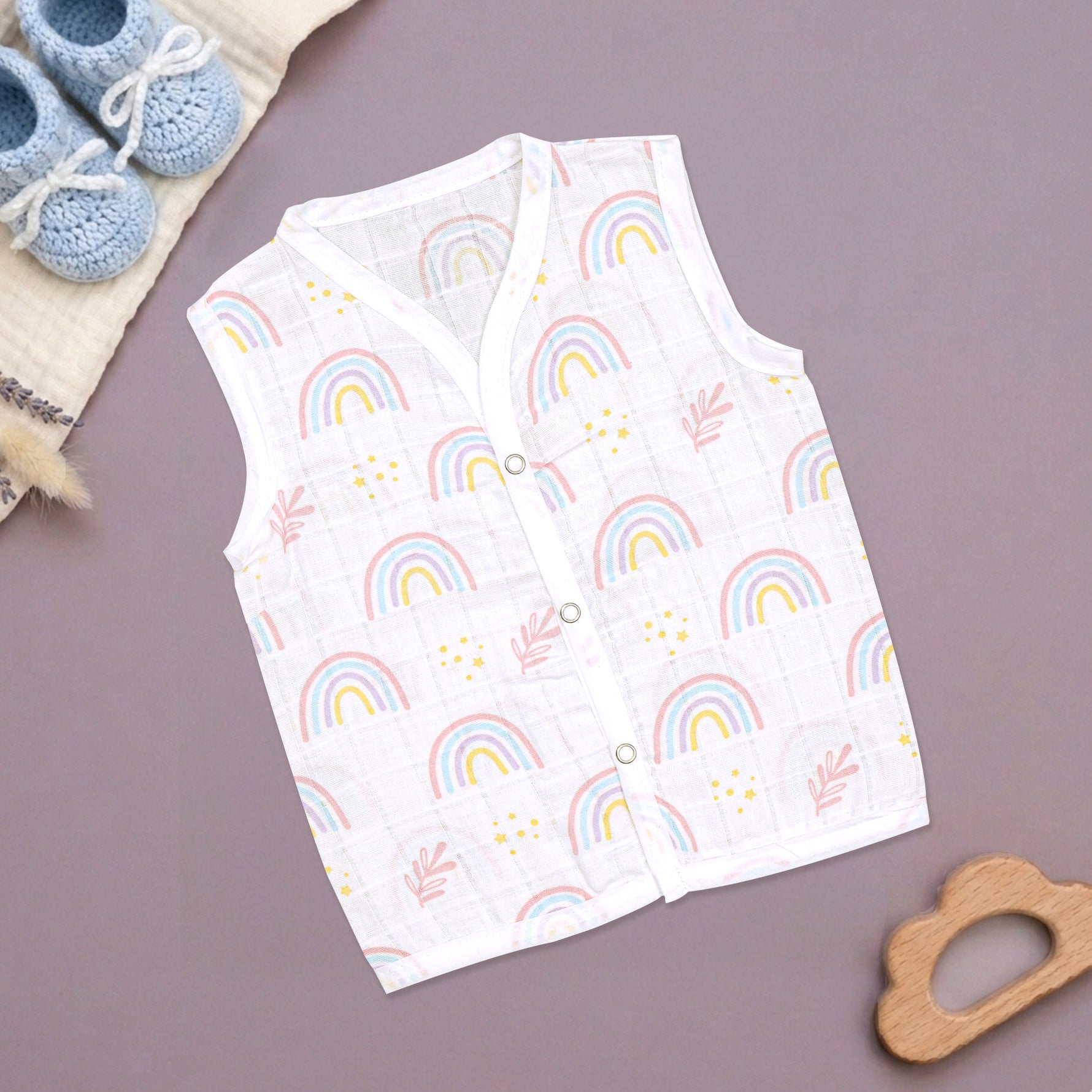 Soft, breathable printed sleeveless muslin jabla for babies aged 0-12 months, by Boon Babies, perfect for newborn wear.