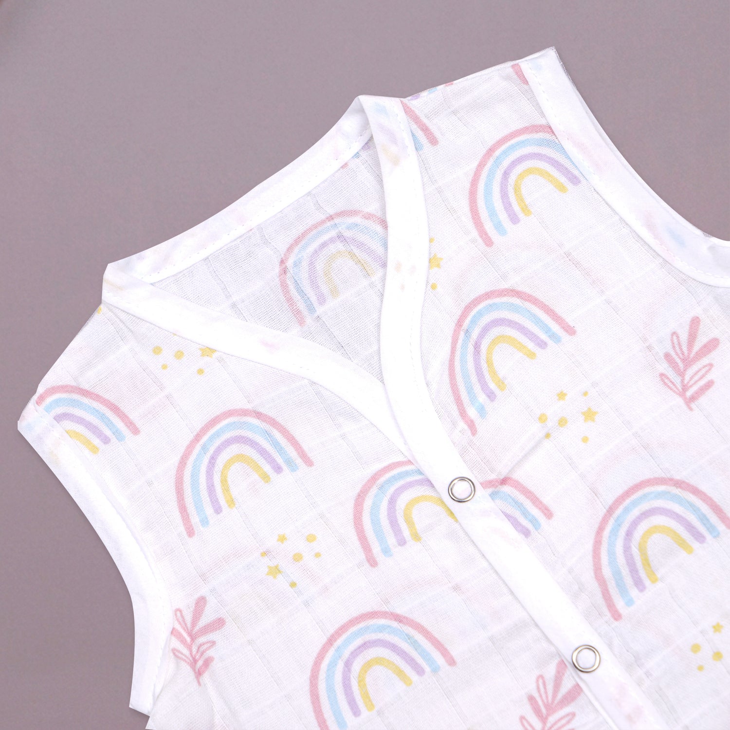 Soft, breathable printed sleeveless muslin Jabla for babies aged 0-12 months, featuring comfortable newborn wear from Boon Babies.