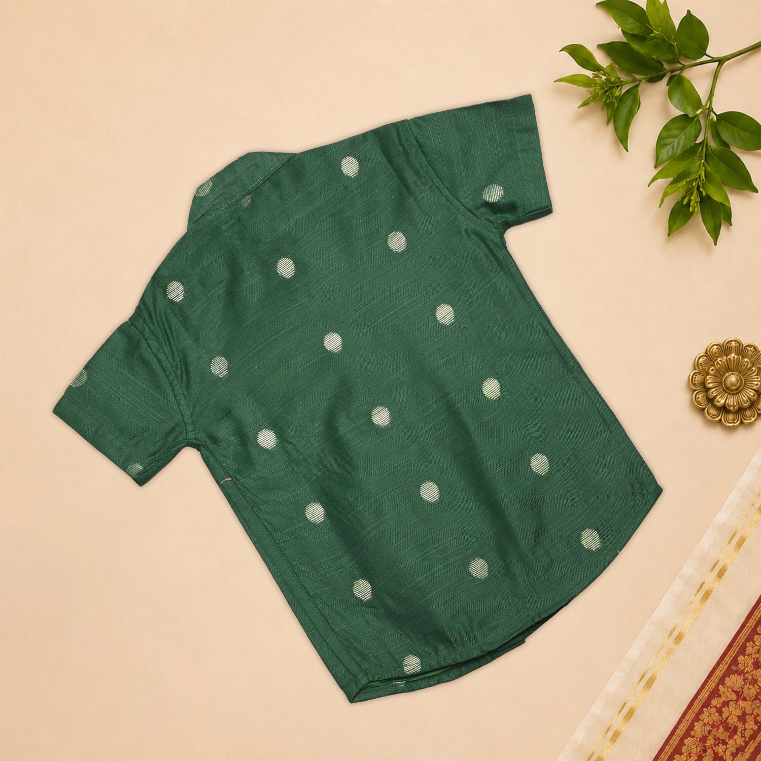Boys Dark Green Silk Butta Shirt & Dhoti Set – Traditional Festive Wear Metal Button
