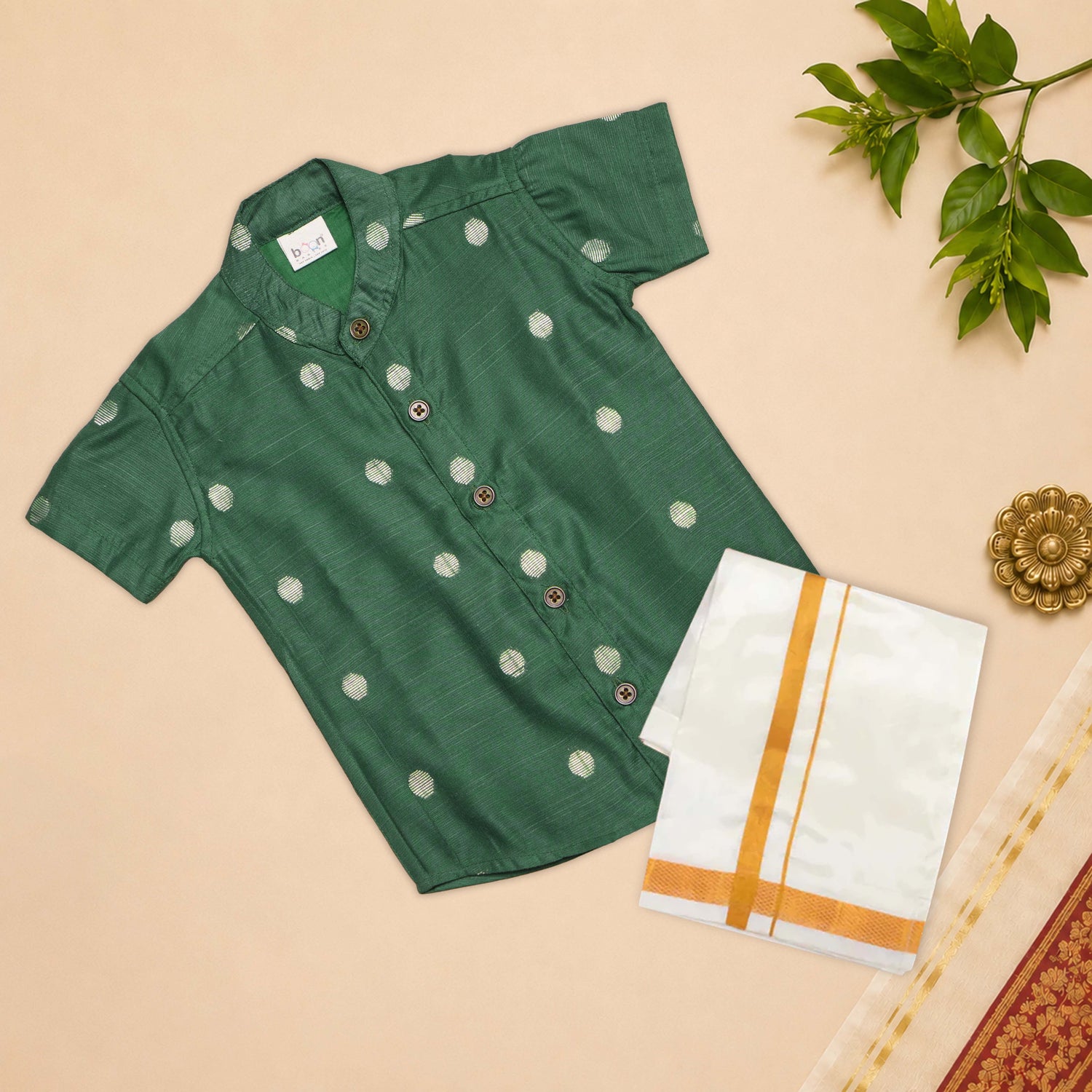 Boys Dark Green Silk Butta Shirt & Dhoti Set – Traditional Festive Wear Metal Button