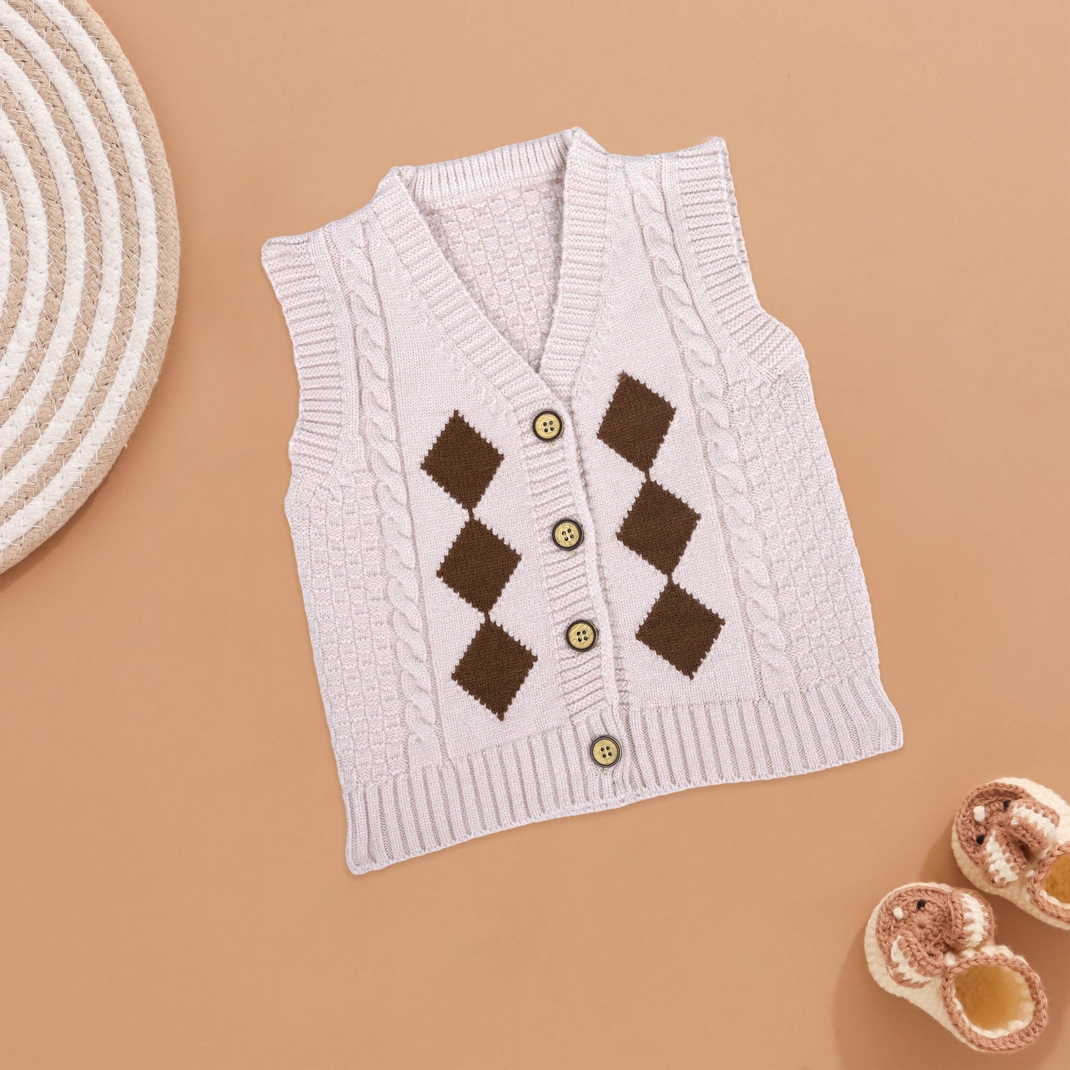 Crisp Winter: White Argyle Knit Vest for Boys