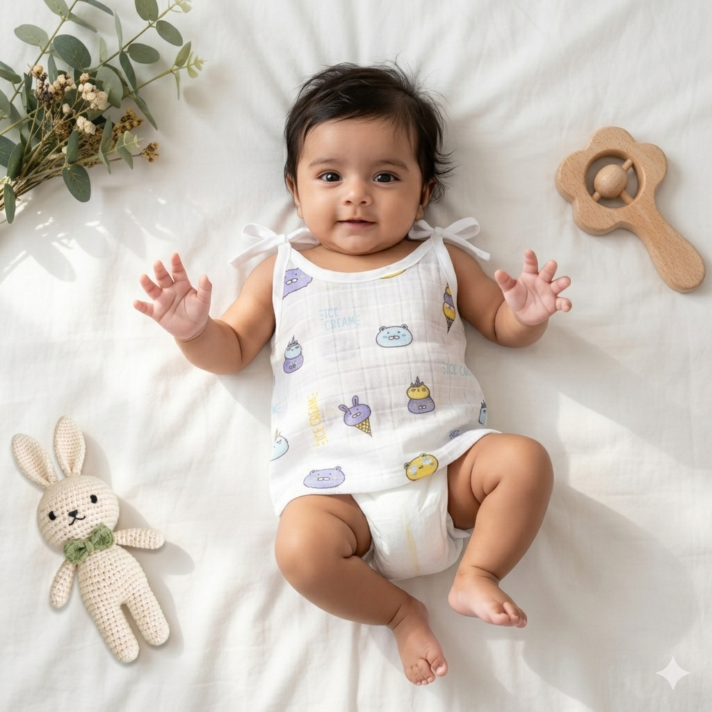 Soft printed boonbabies muslin knot jabla for babies aged 0–6 months, featuring a tie-up design and comfortable fabric.