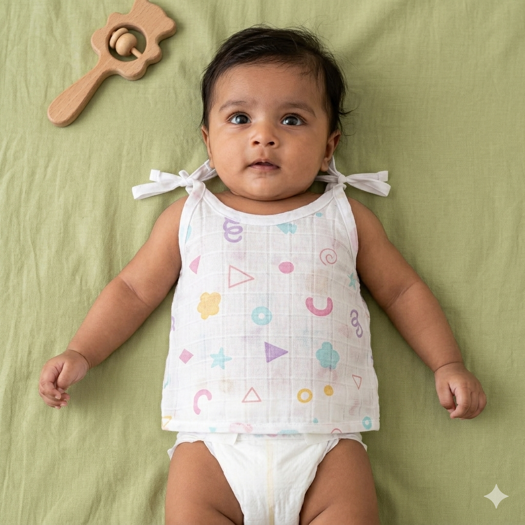 Soft printed muslin knot jabla for babies from boonbabies, perfect for 0–6 months, featuring a tie-up design and lightweight fabric.