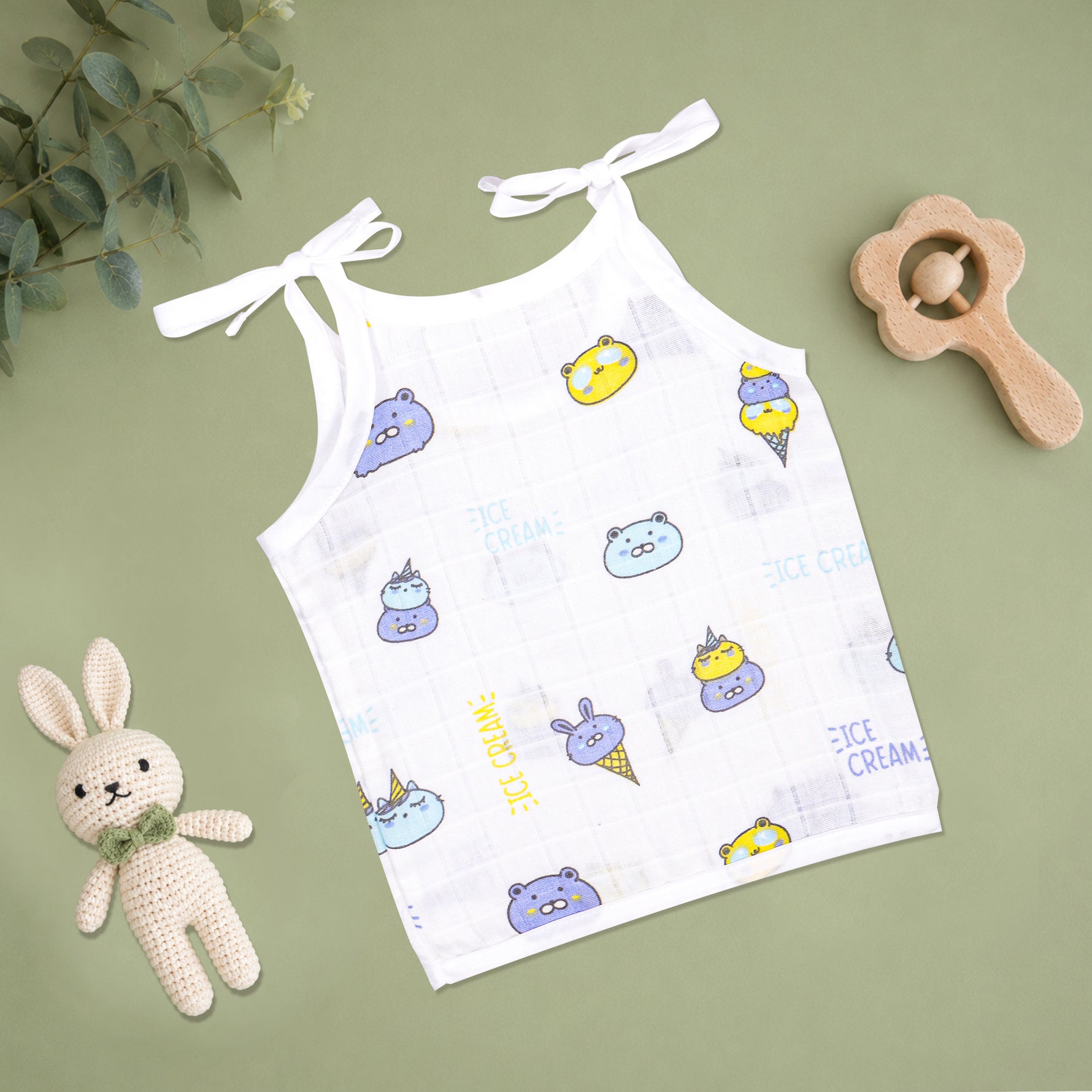 Soft printed boonbabies muslin knot jabla for babies, tie-up baby top designed for ages 0-6 months, comfortable and lightweight.