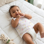 Soft printed boonbabies muslin knot jabla for babies, 0-6 months, featuring a tie-up design and comfortable lightweight fabric.