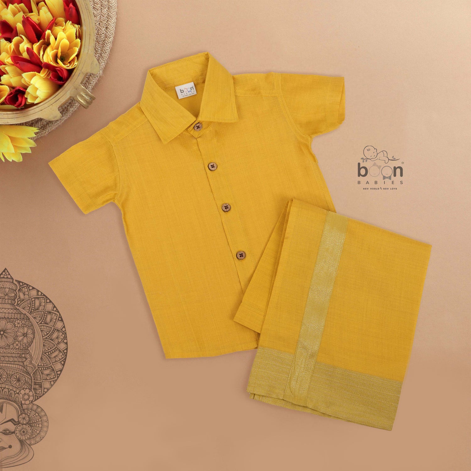 Traditional silk dhoti set in mustard yellow with golden zari border for boys (6M–5Y). Perfect festive wear for Onam & temple visits.