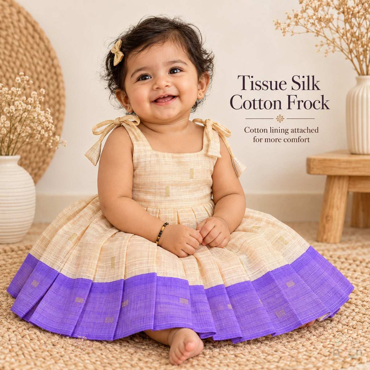 Baby girl wearing cream tissue silk cotton knot frock with purple border and gold woven motifs