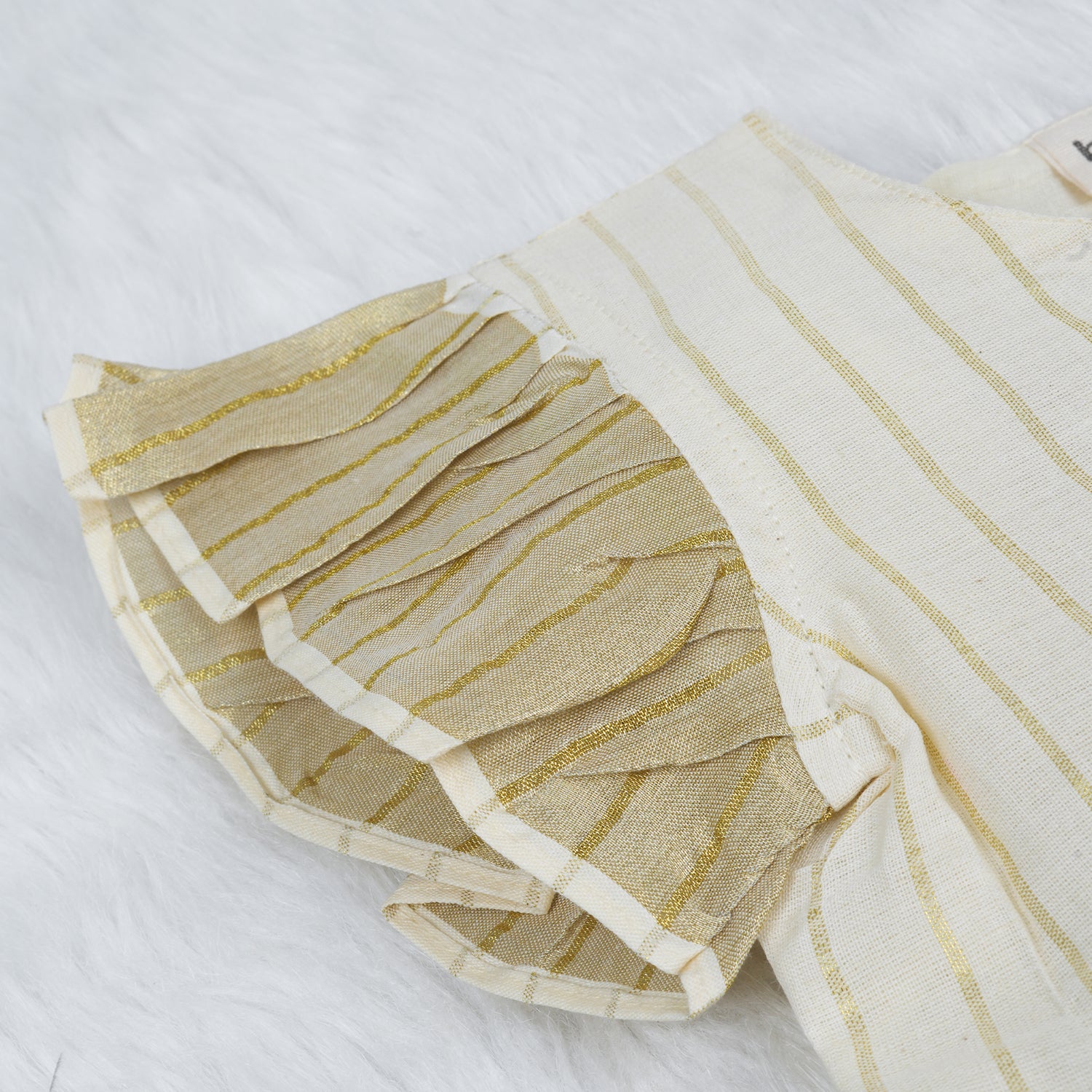 White Cotton Baby Frill Frock with Black Floral Prints & Zari Border