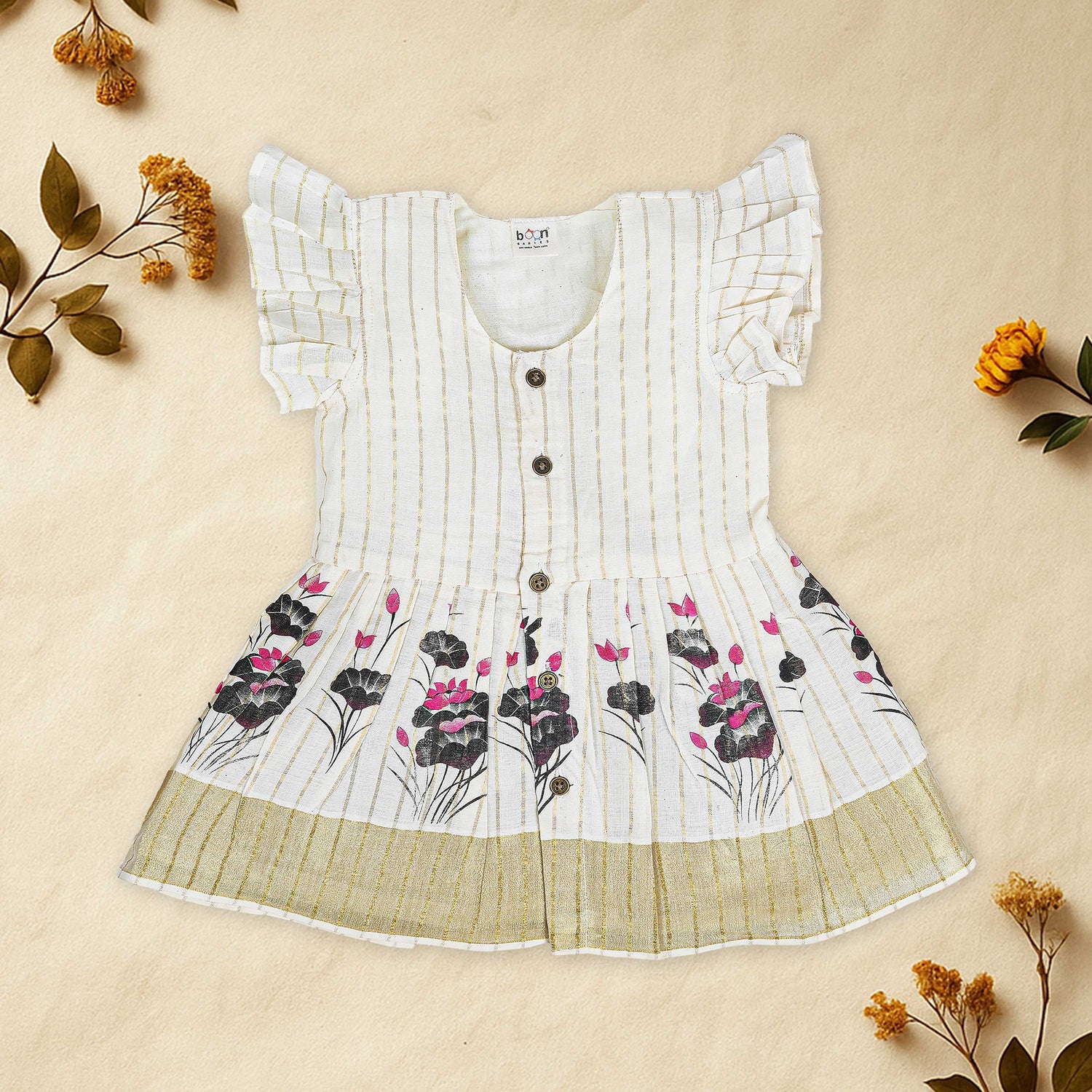 White Cotton Frill Baby Frock with Floral Print & Zari Border