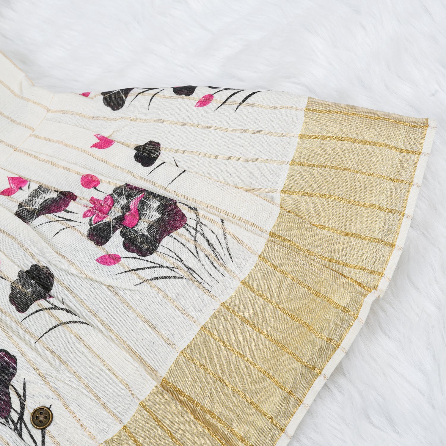 White Cotton Frill Baby Frock with Floral Print & Zari Border