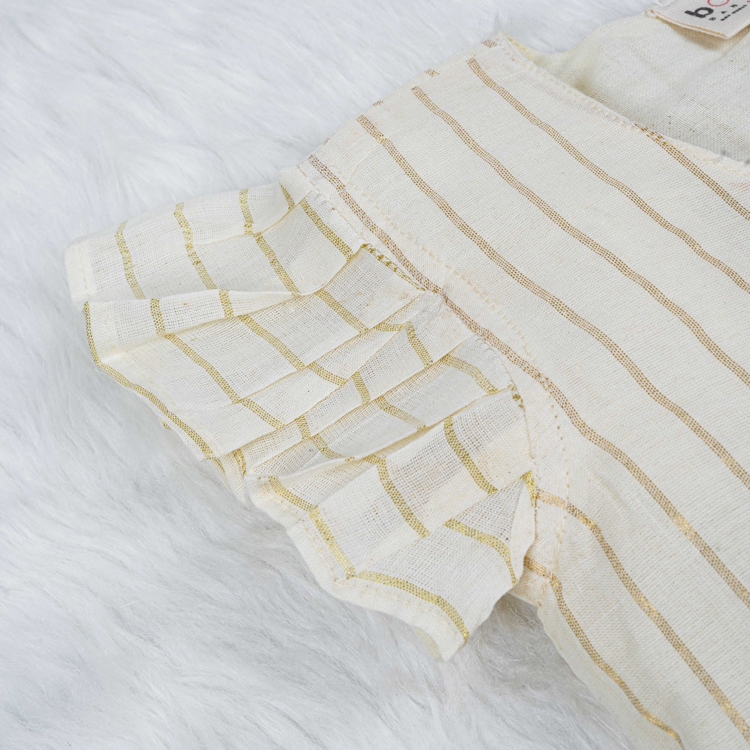 White Cotton Frill Baby Frock with Floral Print & Zari Border