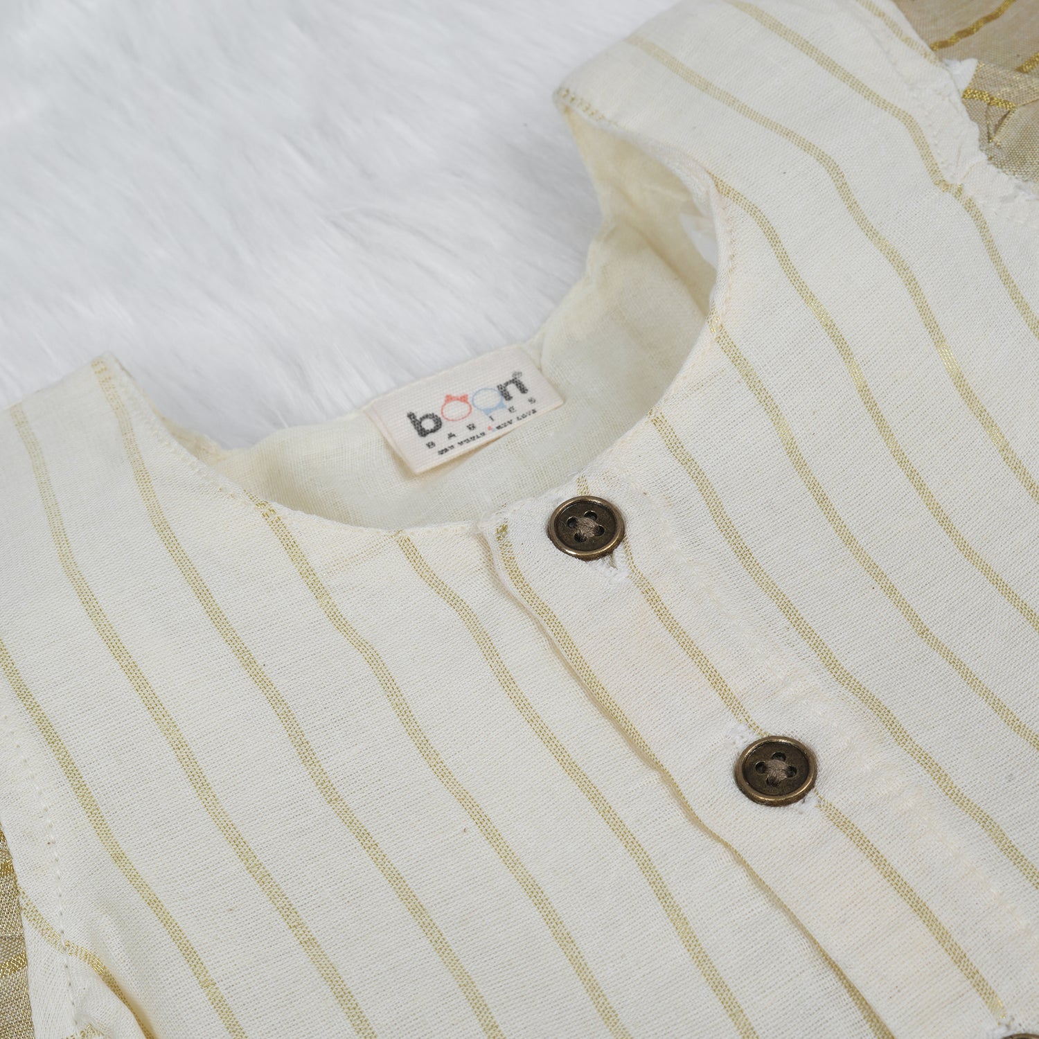 White Cotton Frill Baby Frock with Floral Print & Zari Border