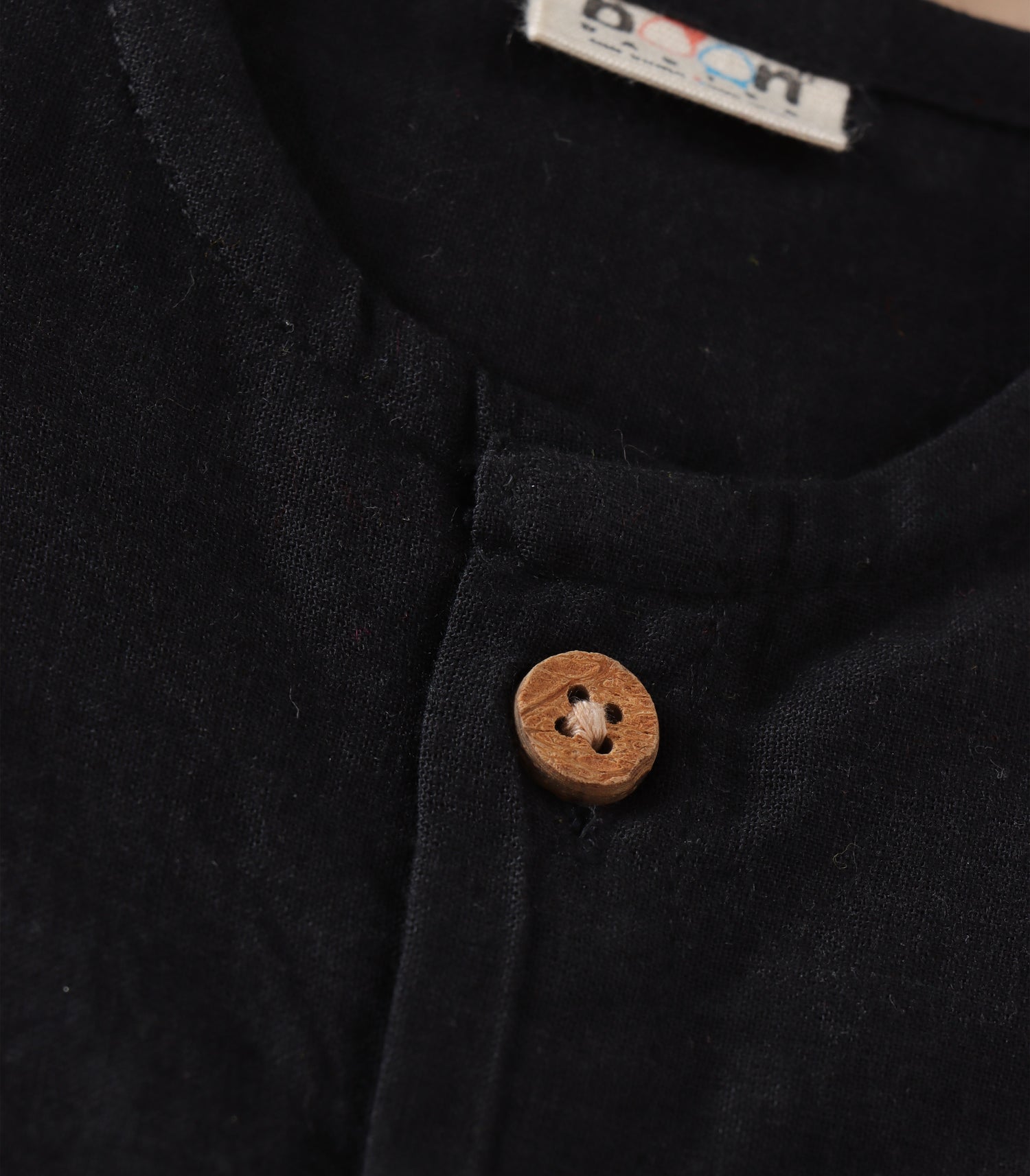 Black South Cotton Baby Frock with Handwoven Butta & Wooden Buttons