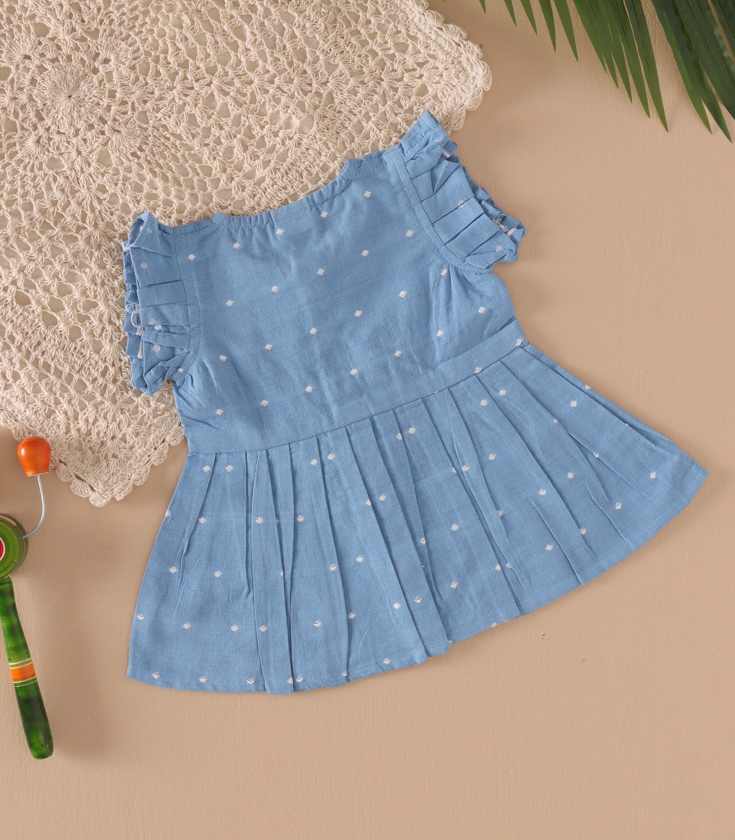 Elegant Blue Cotton Dress with Wooden Button Details