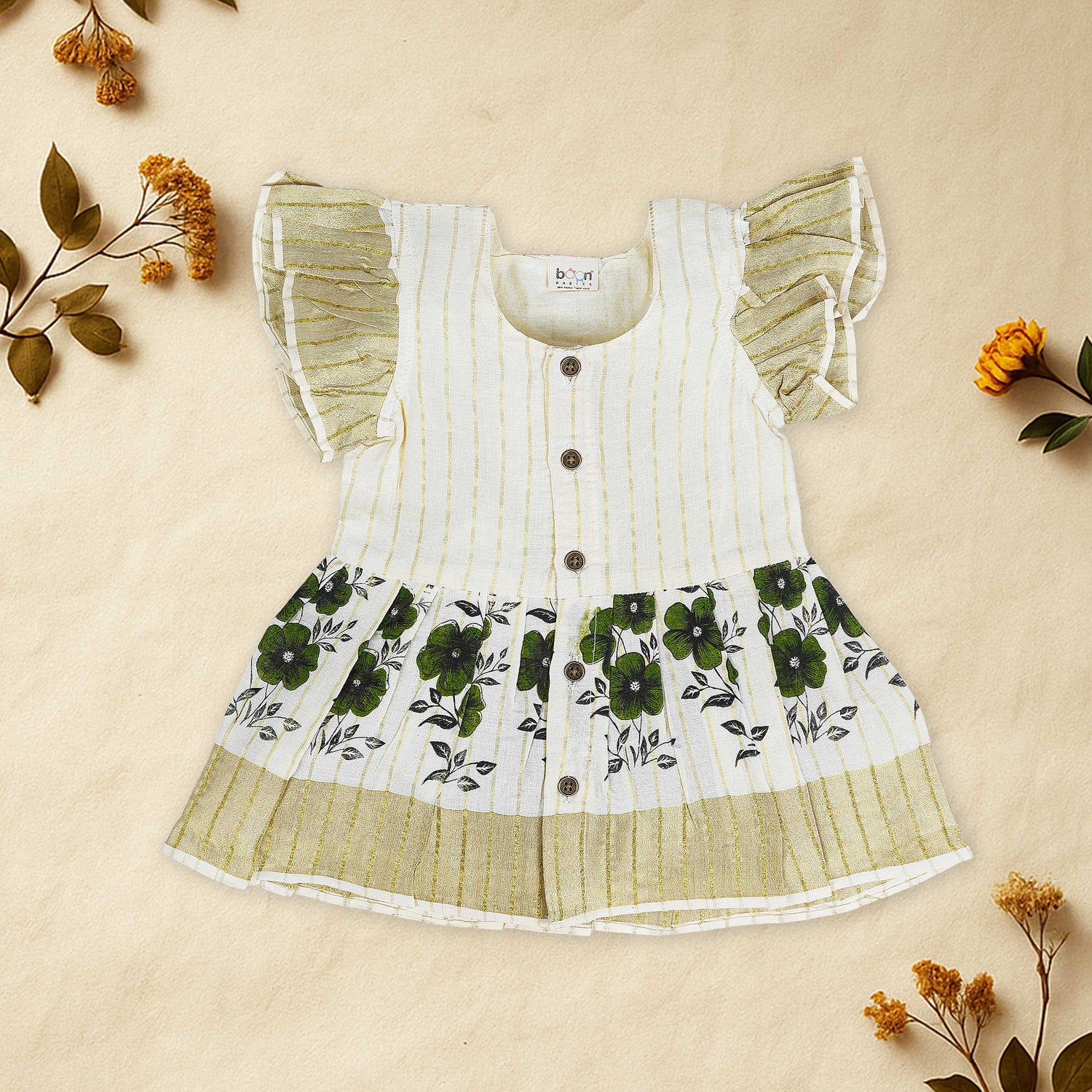 White Cotton Baby Frill Frock with Green Floral Prints & Zari Border