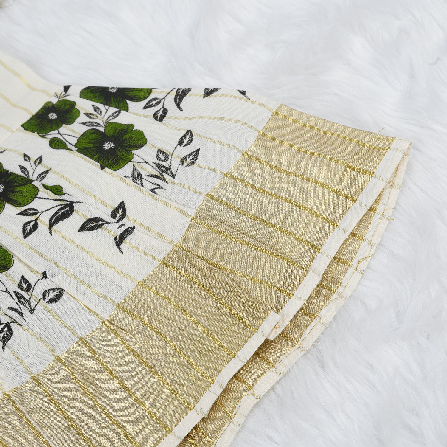 White Cotton Baby Frill Frock with Green Floral Prints & Zari Border