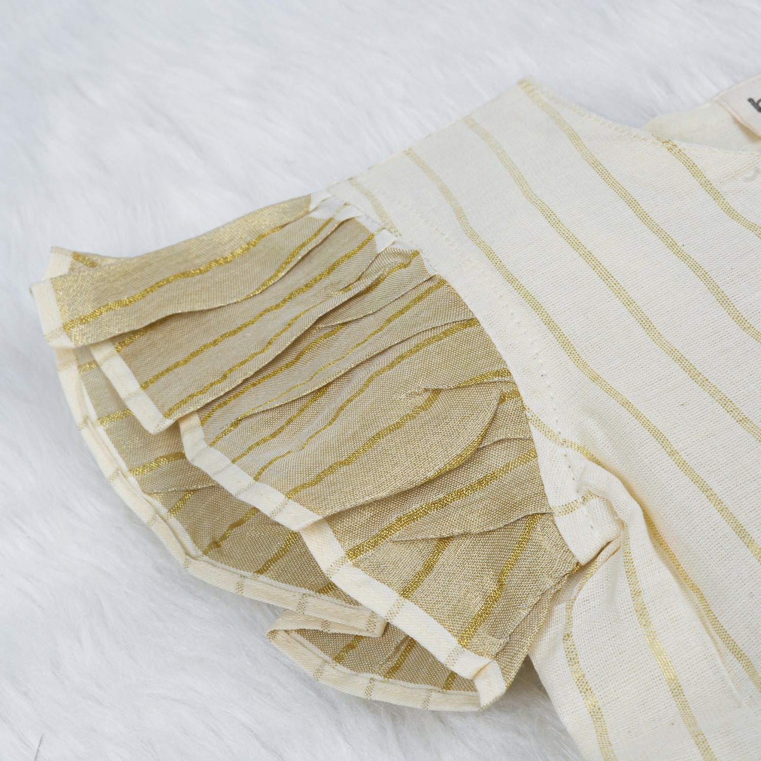 White Cotton Baby Frill Frock with Green Floral Prints & Zari Border