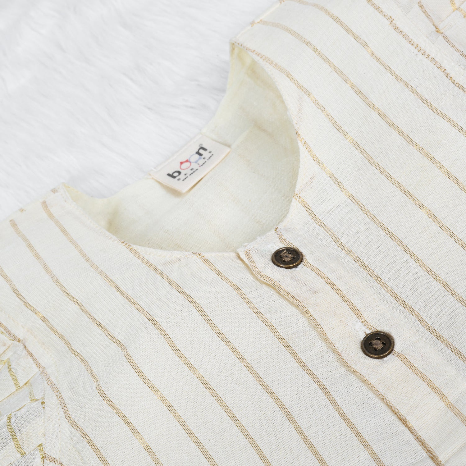 White Cotton Baby Frill Frock with Green Floral Prints & Zari Border