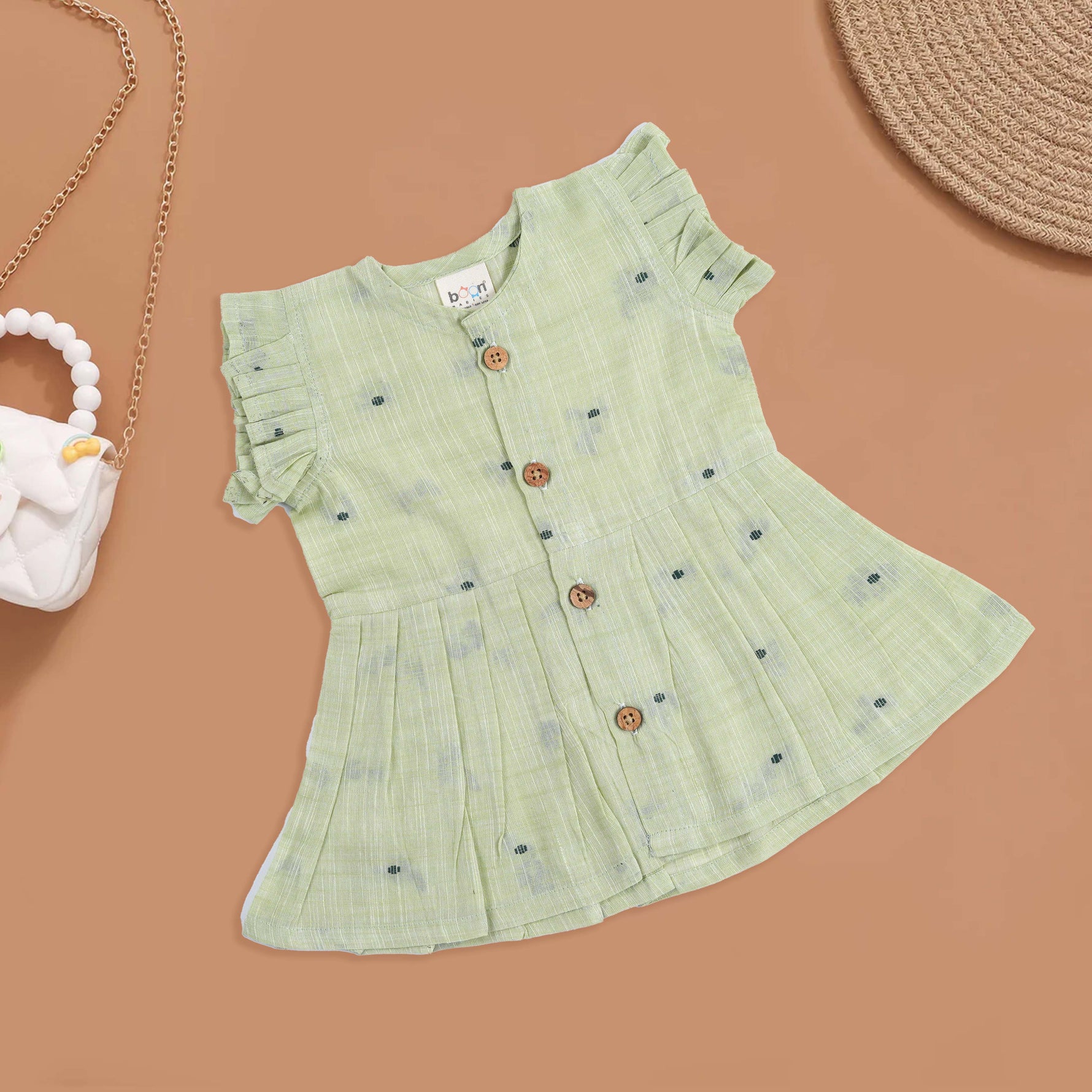 Green Baby Cotton Frock with Button Front | Boon Babies