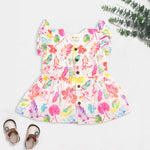 Baby girls hakoba frill frock in multicolor leaf print (NB–24M). Lightweight cotton with frill sleeves & button closure – stylish festive & casual dress.