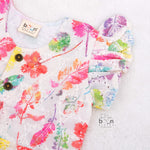 Baby girls hakoba frill frock in multicolor leaf print (NB–24M). Lightweight cotton with frill sleeves & button closure – stylish festive & casual dress.