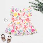Baby girls hakoba frill frock in multicolor leaf print (NB–24M). Lightweight cotton with frill sleeves & button closure – stylish festive & casual dress.