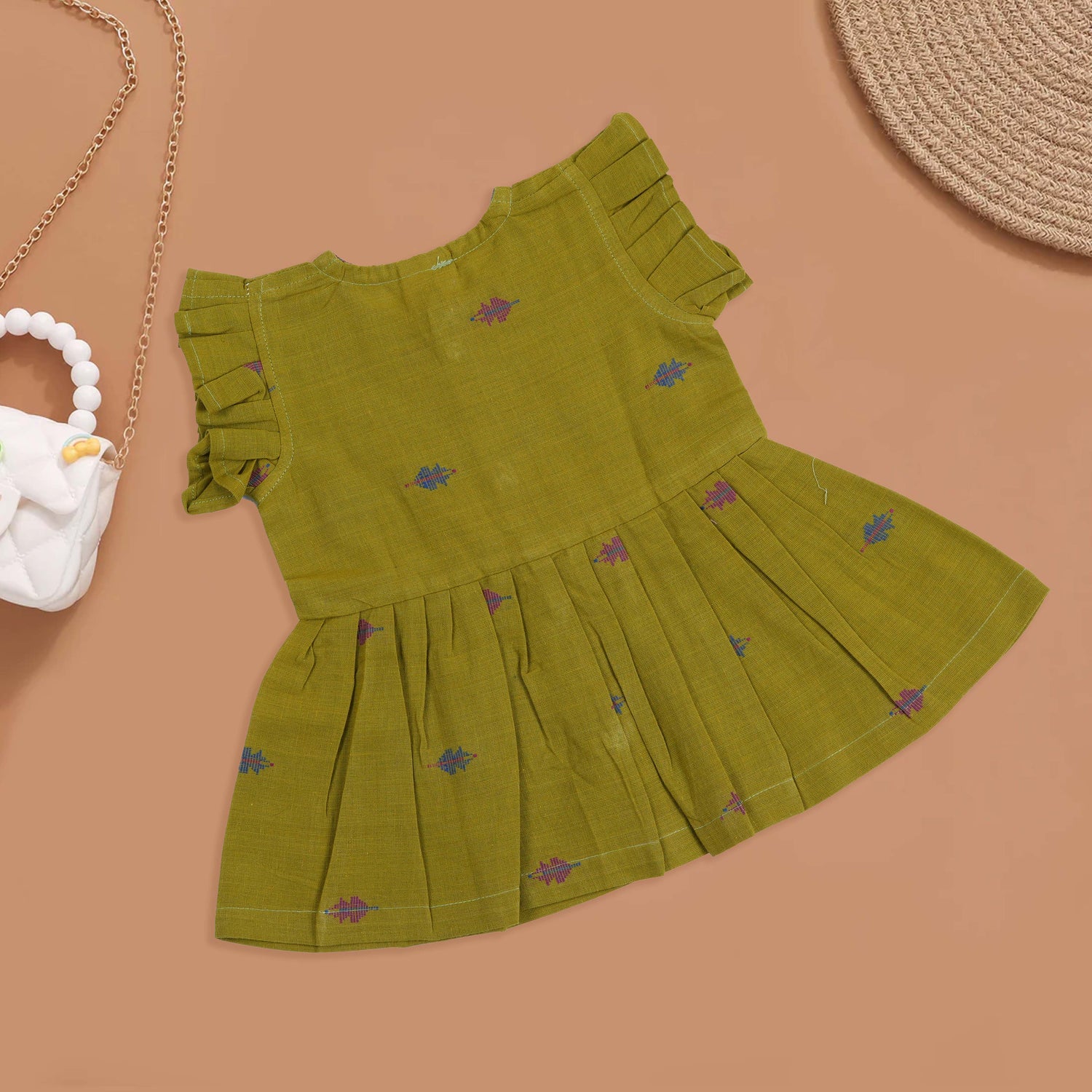 Olive Green Baby Cotton Frock with Pleated Hem