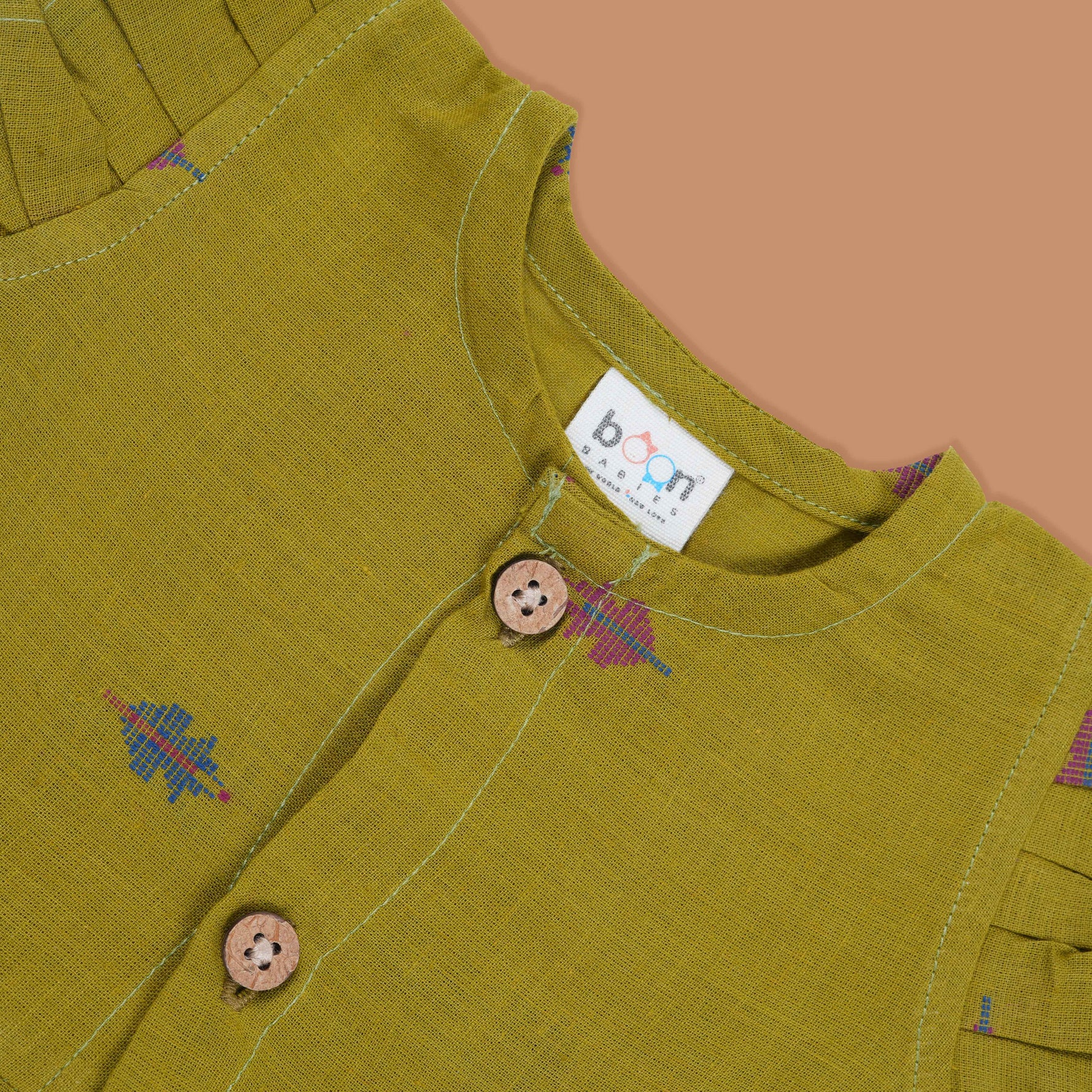 Olive Green Baby Cotton Frock with Pleated Design | Boon Babies