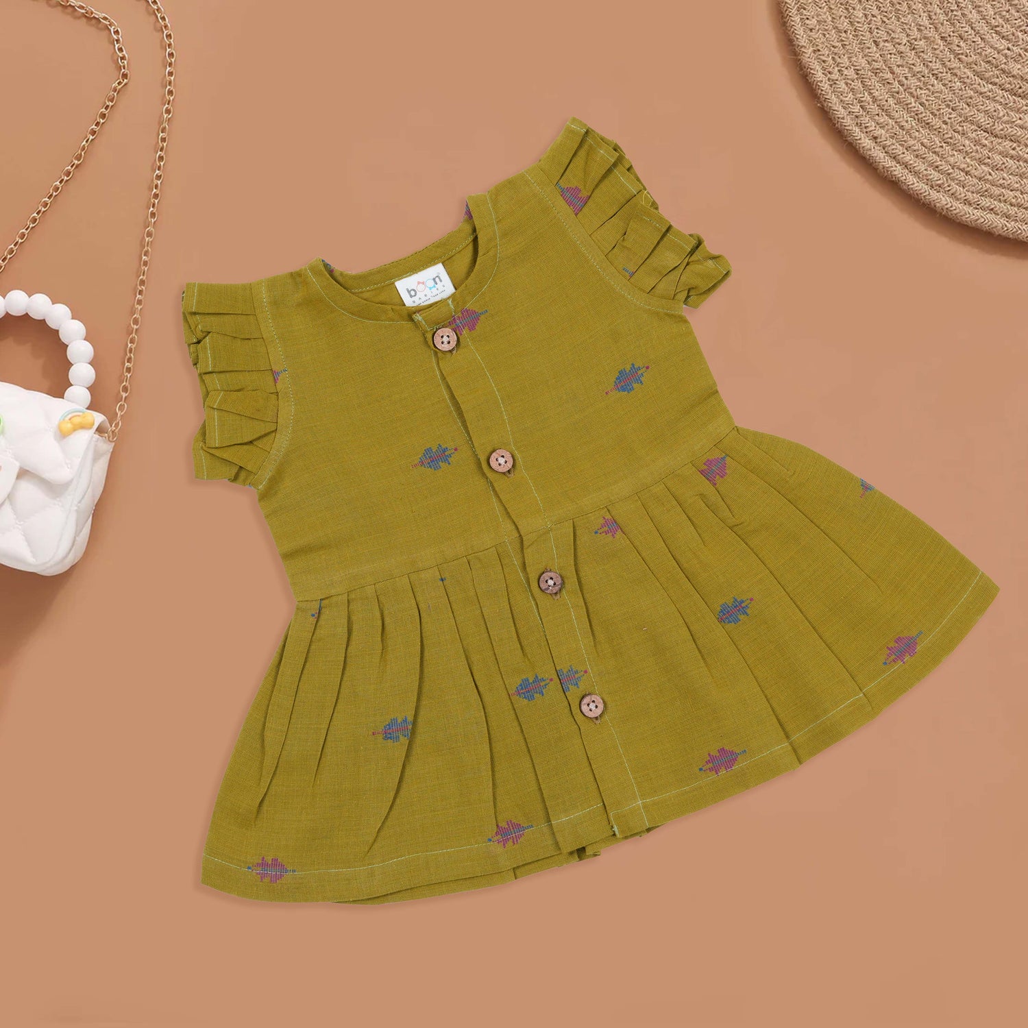 Olive Green Baby Cotton Frock with Pleated Hem