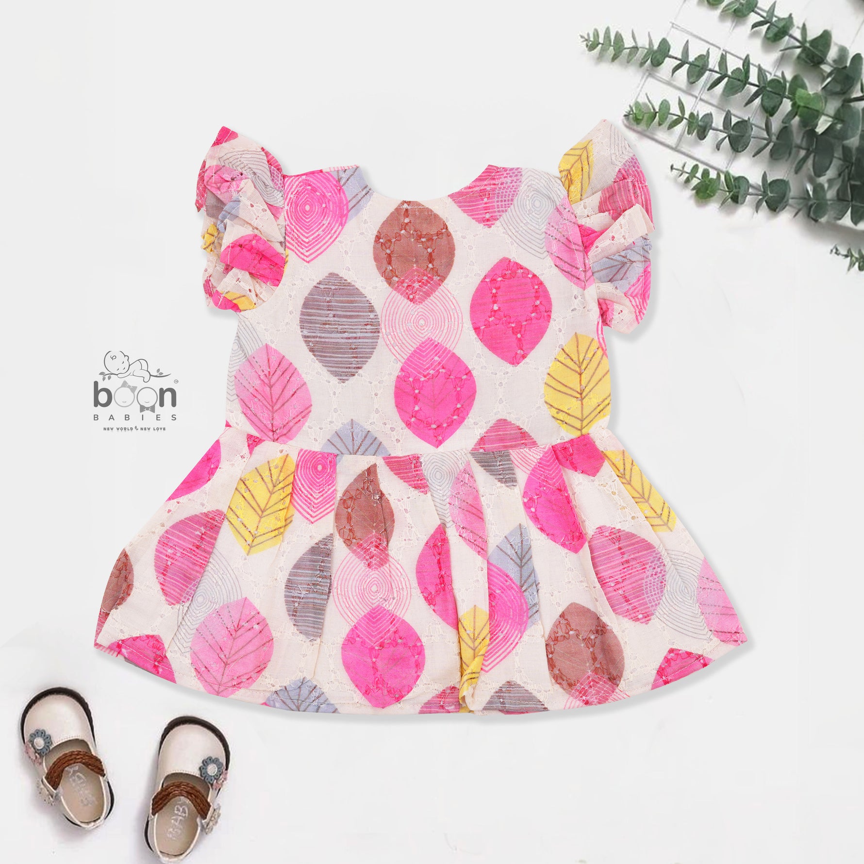 Baby Hakoba Frill Frock – Leaf Print Cotton Dress (NB–24M) | Boon Babies