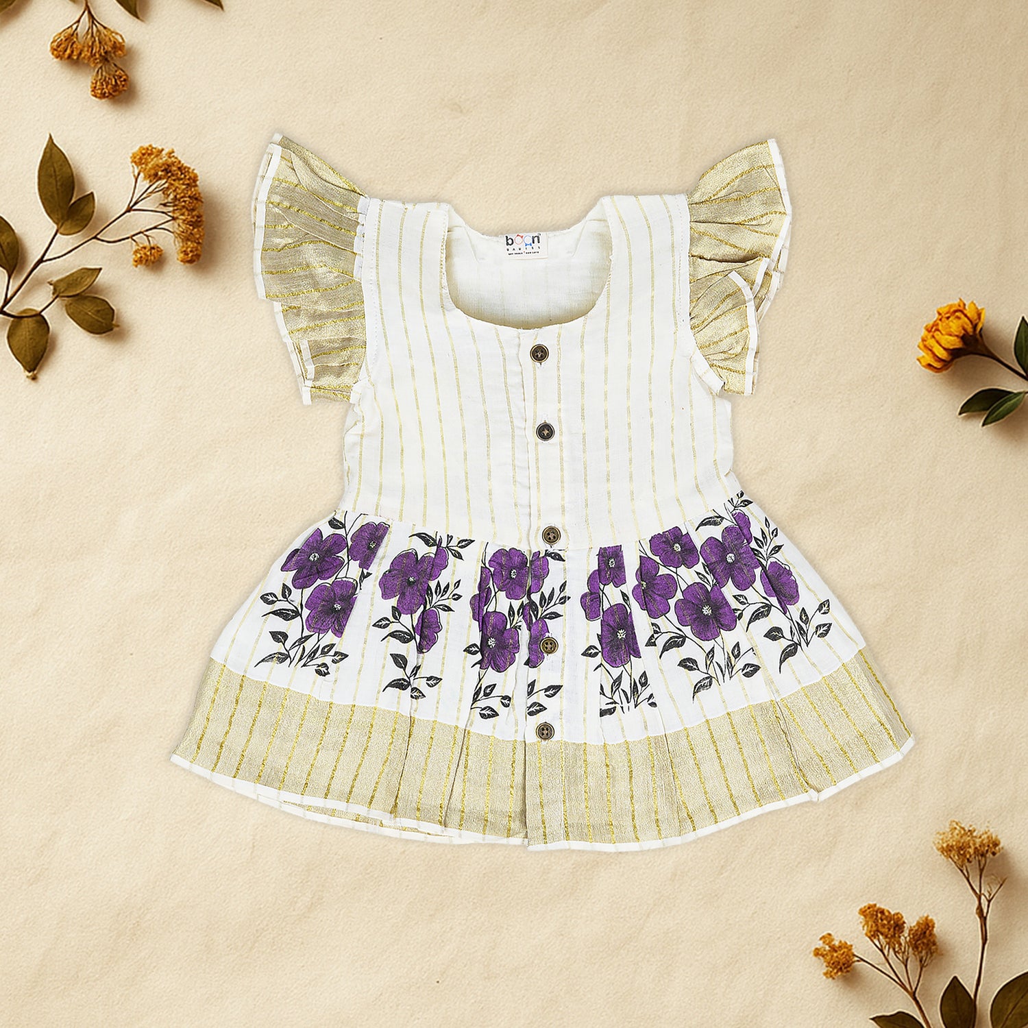 White Cotton Baby Frill Frock with Purple Floral Prints & Zari Border