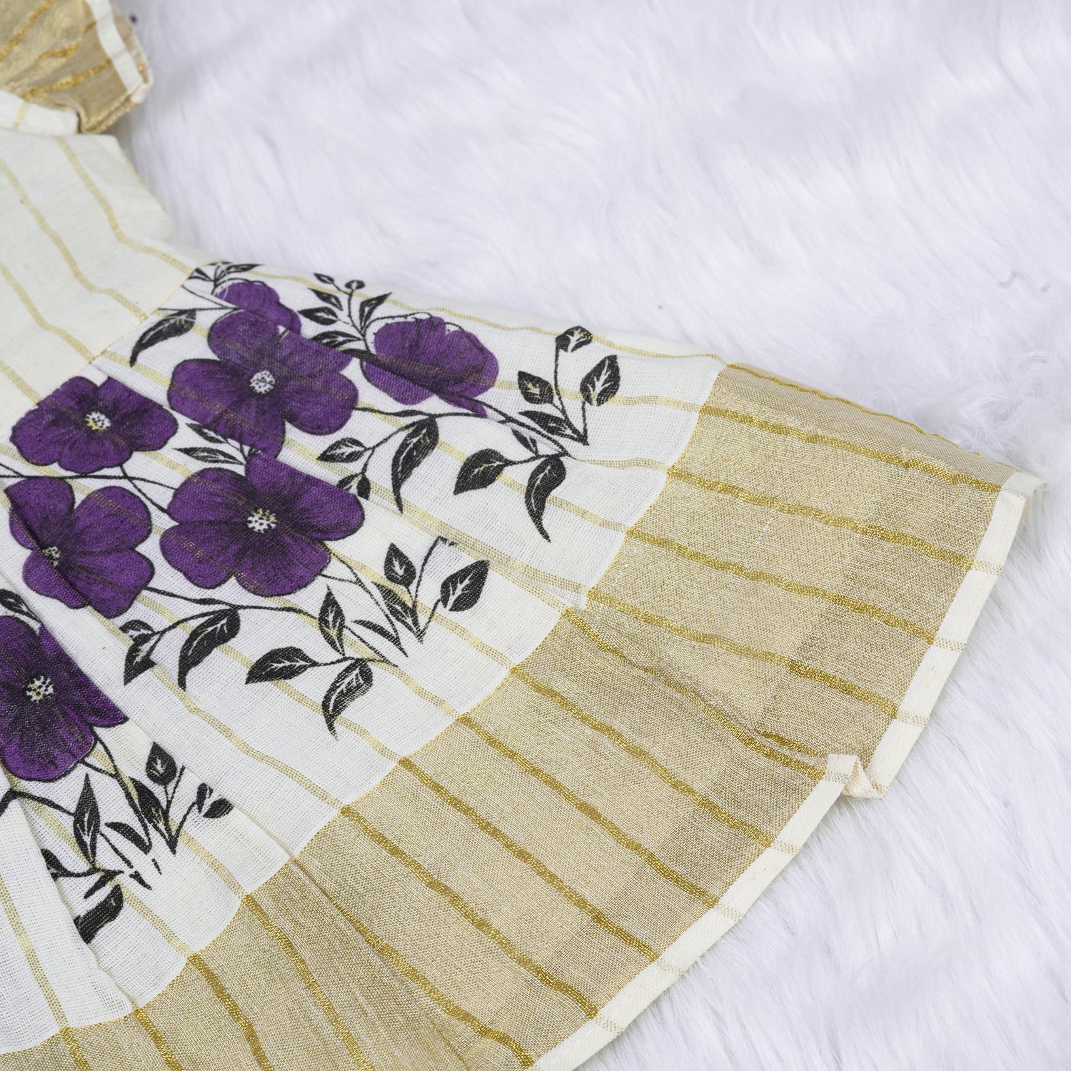 White Cotton Baby Frill Frock with Purple Floral Prints & Zari Border
