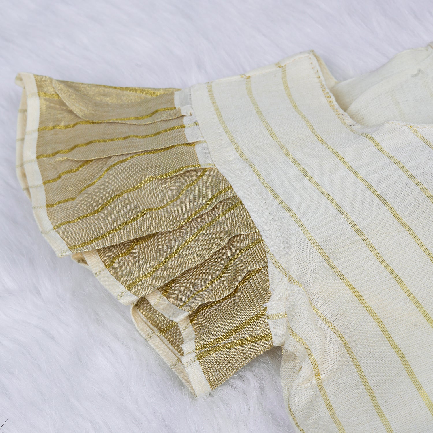 White Cotton Baby Frill Frock with Purple Floral Prints & Zari Border