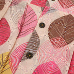 Baby girls hakoba frill frock with red & yellow leaf print (NB–24M). Soft cotton, frill sleeves & button closure – festive & everyday ready.