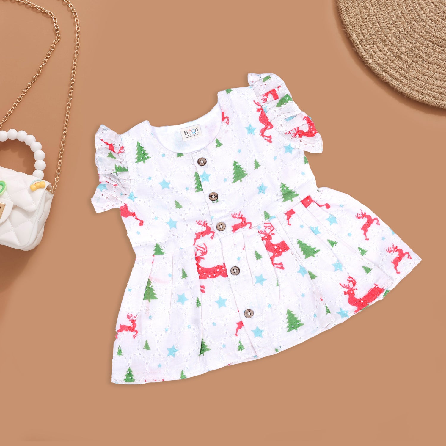 Holiday-Themed Baby Dress with Playful Reindeer Patterns Boon Babies