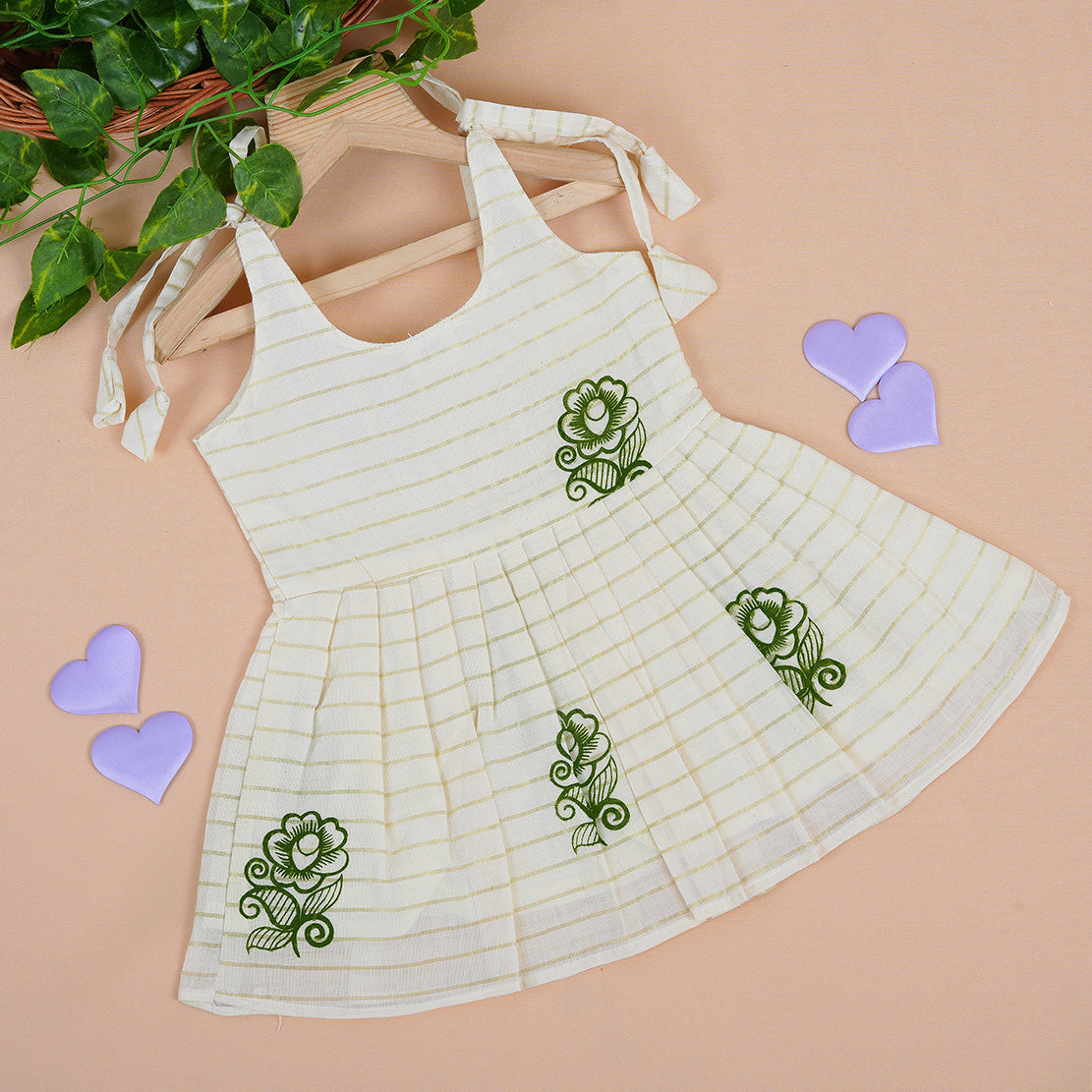 Cream & Olive Border Frill Knot Frock – Handcrafted Cotton