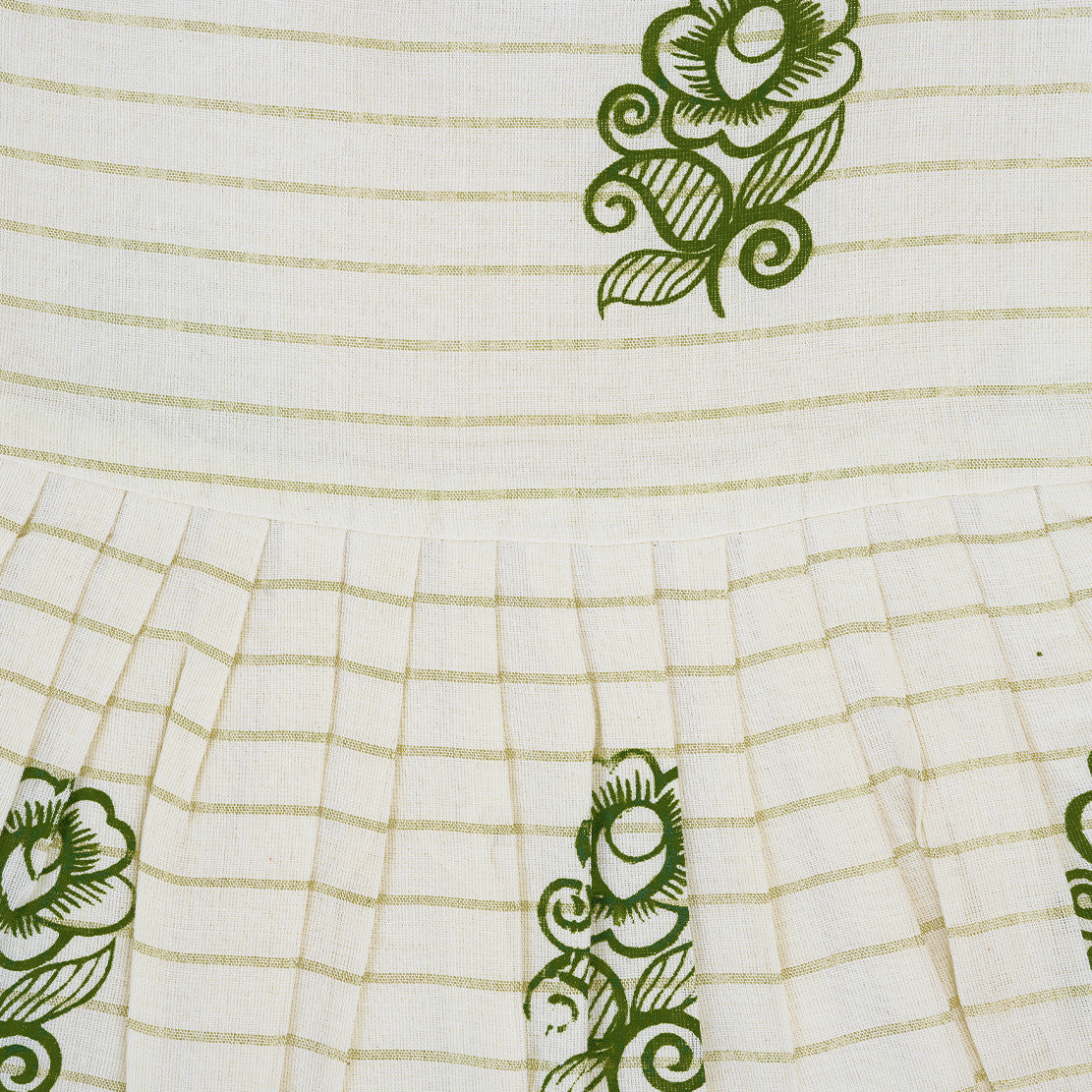 Cream & Olive Border Frill Knot Frock – Handcrafted Cotton