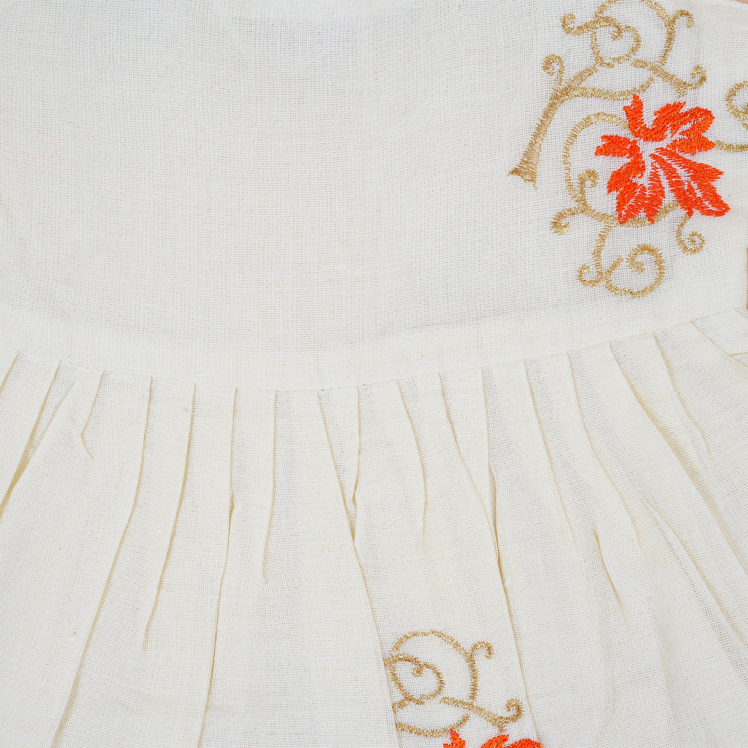 Floral Embroidered Cotton Knot Frock with Golden Zari Border