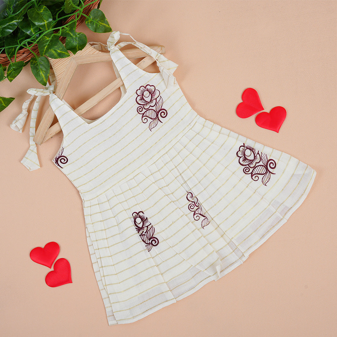 Cream & Maroon Border Frill Knot Frock – Soft Cotton