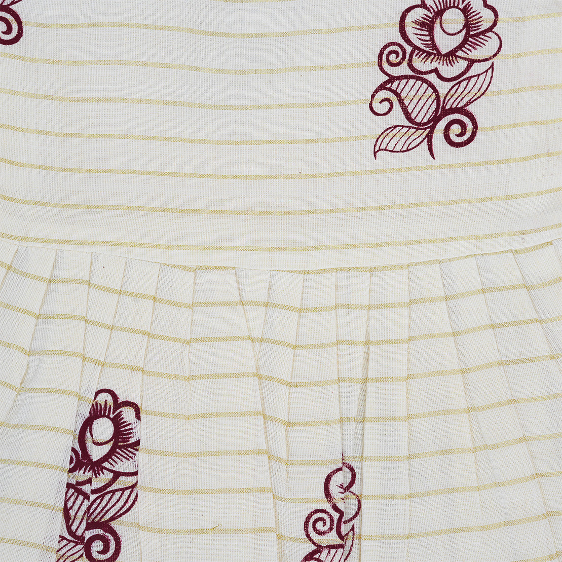 Cream & Maroon Border Frill Knot Frock – Soft Cotton